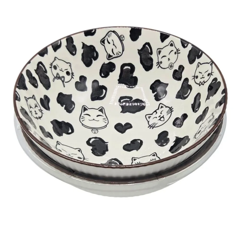 SH Home Set of 2 Cats Ceramic Ramen Noodle Bowl 43oz With‎ Chopsticks And Spoons